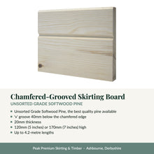 Load image into Gallery viewer, Chamfered-Grooved Skirting Board, Unsorted Grade Softwood Pine with key product details