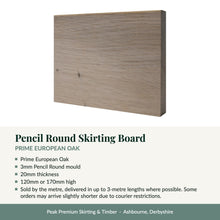 Load image into Gallery viewer, Pencil Round Skirting Board, Prime European Oak with key product details