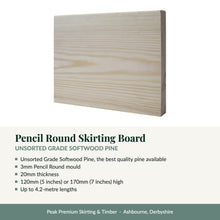 Load image into Gallery viewer, Pencil Round Skirting Board, Unsorted Grade Softwood Pine with key product details