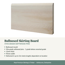 Load image into Gallery viewer, Bullnosed Skirting Board, 5ths Grade Softwood Pine with key product details
