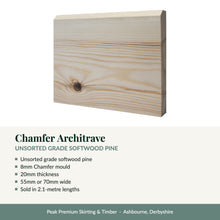 Load image into Gallery viewer, Chamfer Architrave, Unsorted Grade Softwood Pine with key product details
