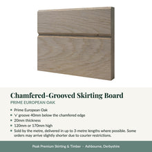 Load image into Gallery viewer, Chamfered-Grooved Skirting Board, Prime European Oak with key product details
