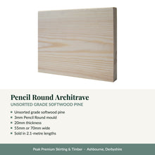 Load image into Gallery viewer, Pencil Round Architrave, Unsorted Grade Softwood Pine with key product details
